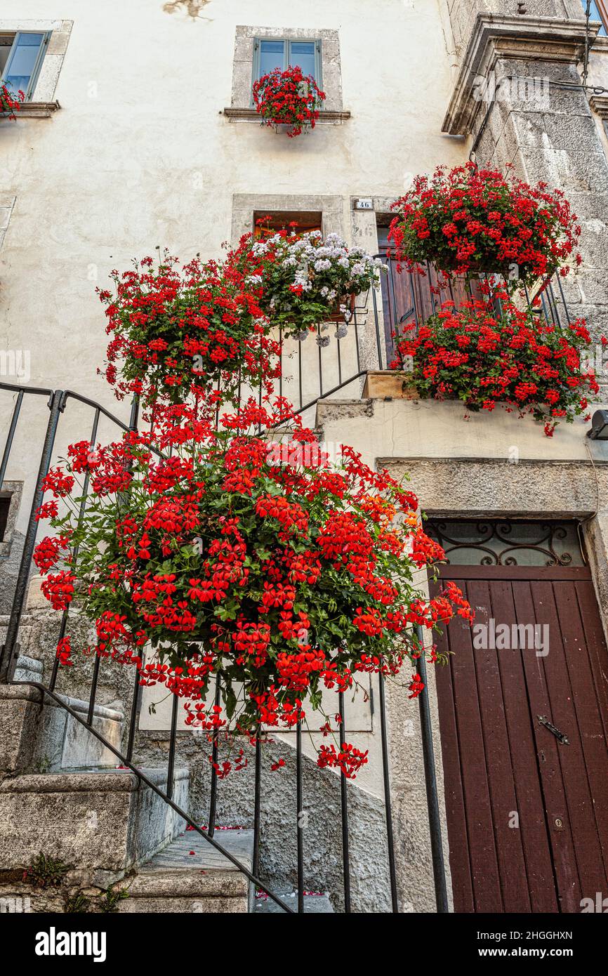 Escalier, avec pots de fleurs de géraniums rouges, d'une ancienne maison dans la ville touristique de Pesostanzo.Pesostanzo, province d'Aquila, Abruzzes Banque D'Images