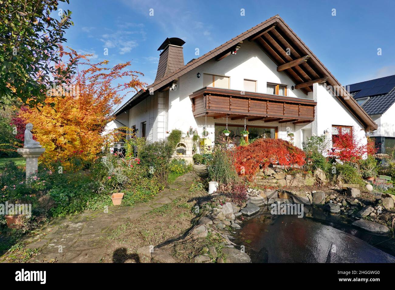 filet d'étang pour protéger contre les feuilles d'automne au-dessus de l'étang de jardin, Allemagne Banque D'Images filet d'étang pour protéger contre les feuilles d'automne au-dessus de l'étang de jardin, Allemagne Banque D'Images