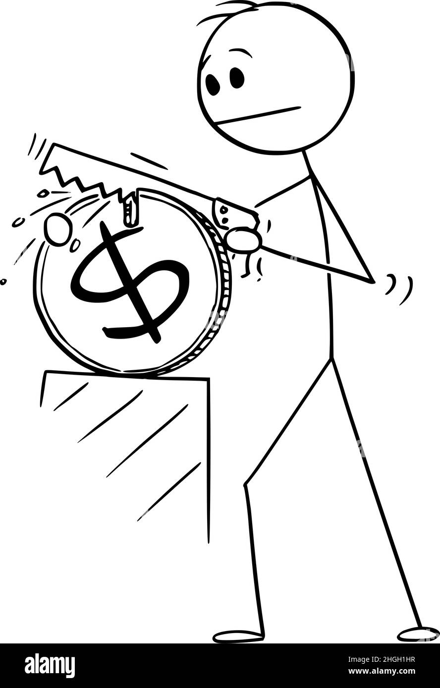 Homme d'affaires coupant la pièce de monnaie en dollar de moitié, la récession et l'inflation, Vector Cartoon Stick Figure Illustration Illustration de Vecteur
