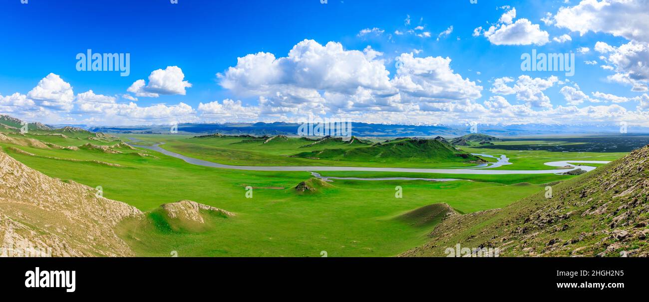 Paysage naturel de la prairie de Bayinbuluke à Xinjiang, Chine.la rivière sinueuse est sur la prairie verte.vue panoramique. Banque D'Images