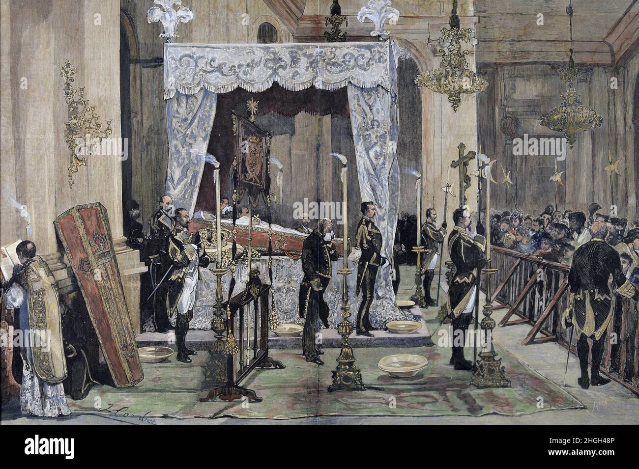 MARIA DE LAS MERCEDES ORLÉANS Y BORBON.REINA DE ESPAÑA.1860 - 1878.ESPOSA DE ALFONSO XII' CAPILLA ARDIENTE DE LA REINA EN EL PALACIO REAL DE MADRID '.DIBUJO DE ALEJANDRO FERRANT..ILUSTRACION ESPAÑOLA Y AMERICANA.AUTEUR: ALEJANDRO FERRANT ET FISCHERMANS. Banque D'Images