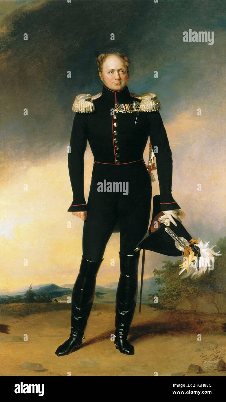 Alexander I. Pawlowitsch Romanow, 23.Dezember 1777 - 1.Dezember 1825, Kaiser von Russland (1801-1825), König von Polen (1815-1825), erster russischer Großfürst von Finnland (1809-1825) aus dem Höw-Holstein-Gottorp und von 1801 bis 1807 von 1813 bis 1818 Herr von juser, nach einem Gemälde von George Dalovy, Alexander23 décembre 1777 - 1 décembre 1825, empereur de Russie (1801-1825), roi de Pologne (1815-1825), premier grand-duc russe de Finlande (1809-1825) de la Maison de Romanov-Holstein-Gottorp et seigneur de Jever de 1801 à 1807 et de 1813 à 181 Banque D'Images