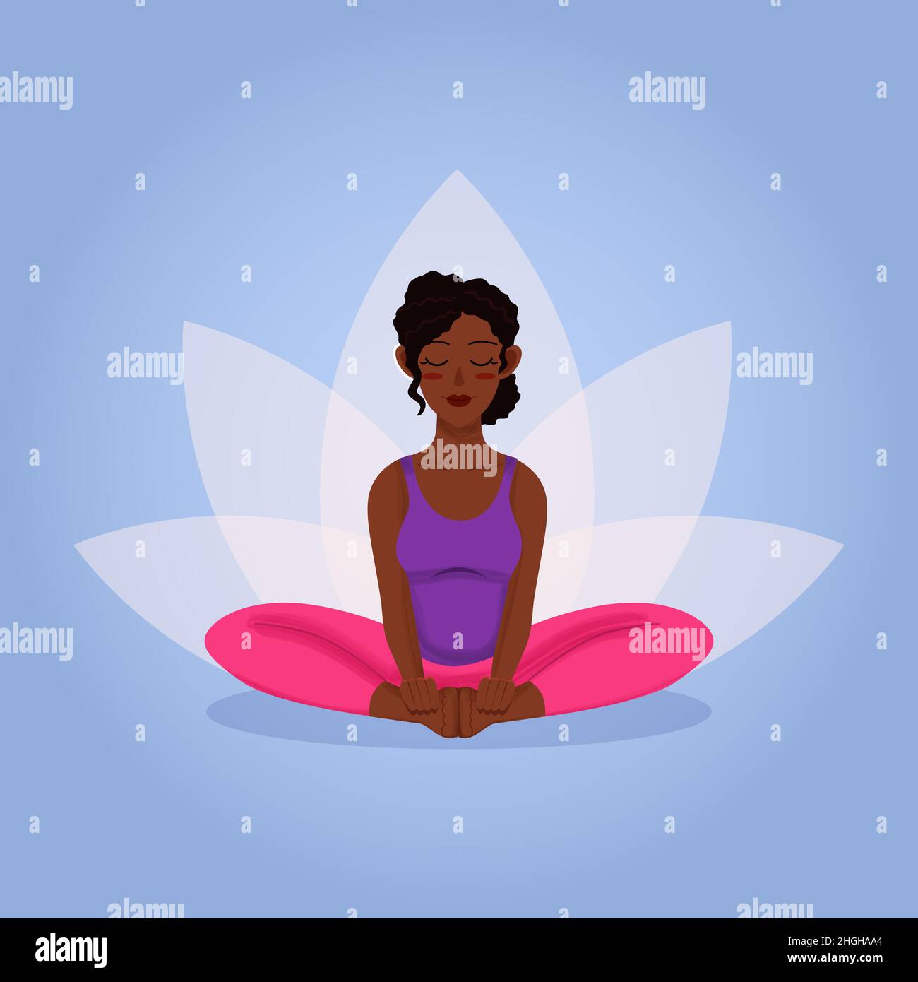Peau sombre jeune fille entraînement yoga asana bhadrasana pour le bien-être assis sur le sol avec fond loteux Illustration de Vecteur