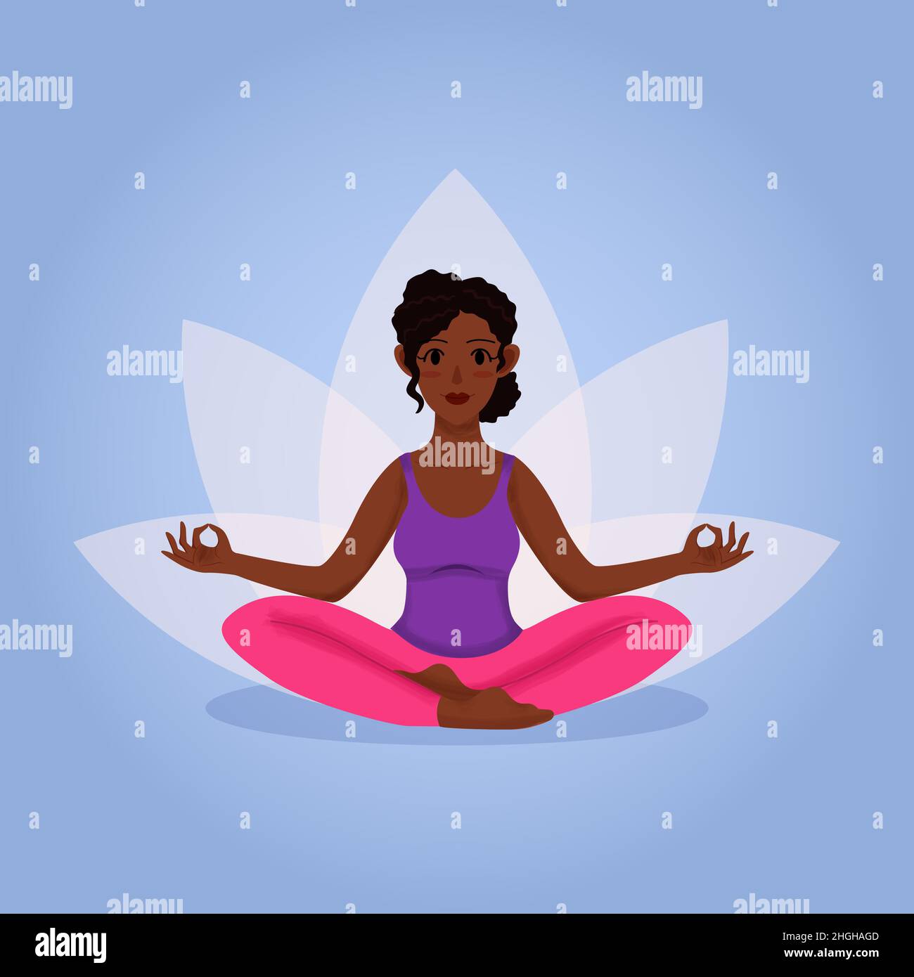 Jeune afro femme avec les cheveux bouclés pratiquer le yoga pose assise sur le sol dans lotus pose sakhusana Illustration de Vecteur
