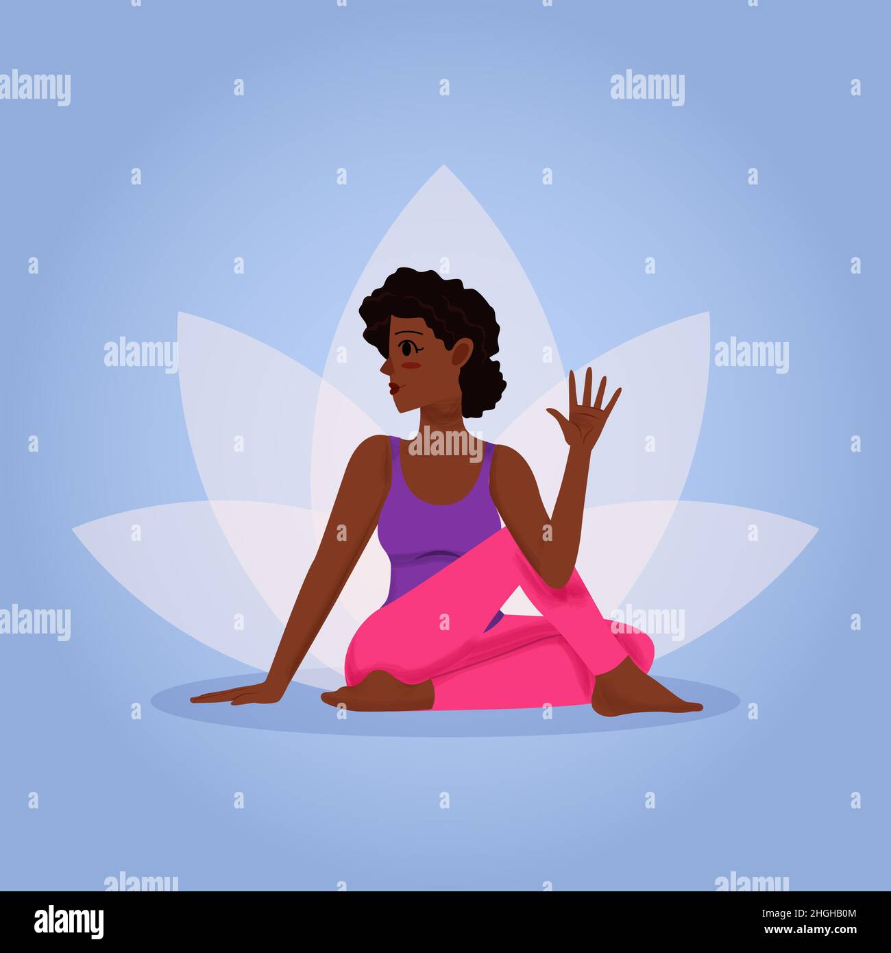 Peau sombre jeune fille entraînement yoga asana bhadrasana pour le bien-être assis sur le sol avec fond loteux Illustration de Vecteur