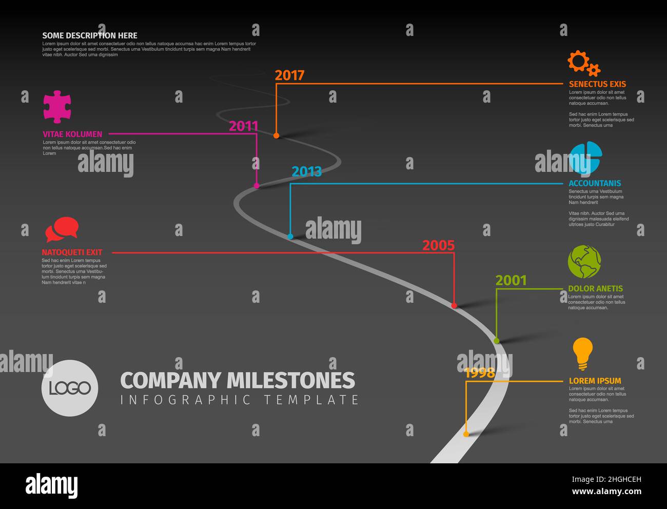 Scénario de jalons de la société d'infographie sombre de vecteur modèle de calendrier avec des pointeurs sur une ligne de route incurvée pointant sur le côté de l'infographe où est court Illustration de Vecteur