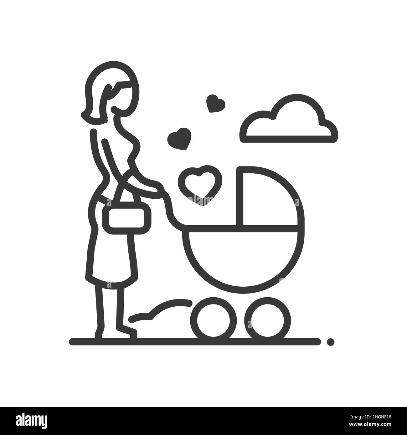 Jeune maman - Vector Line design unique icône isolée sur fond blanc.Pictogramme noir de haute qualité.Femme marchant avec un chariot où le bébé dort Illustration de Vecteur