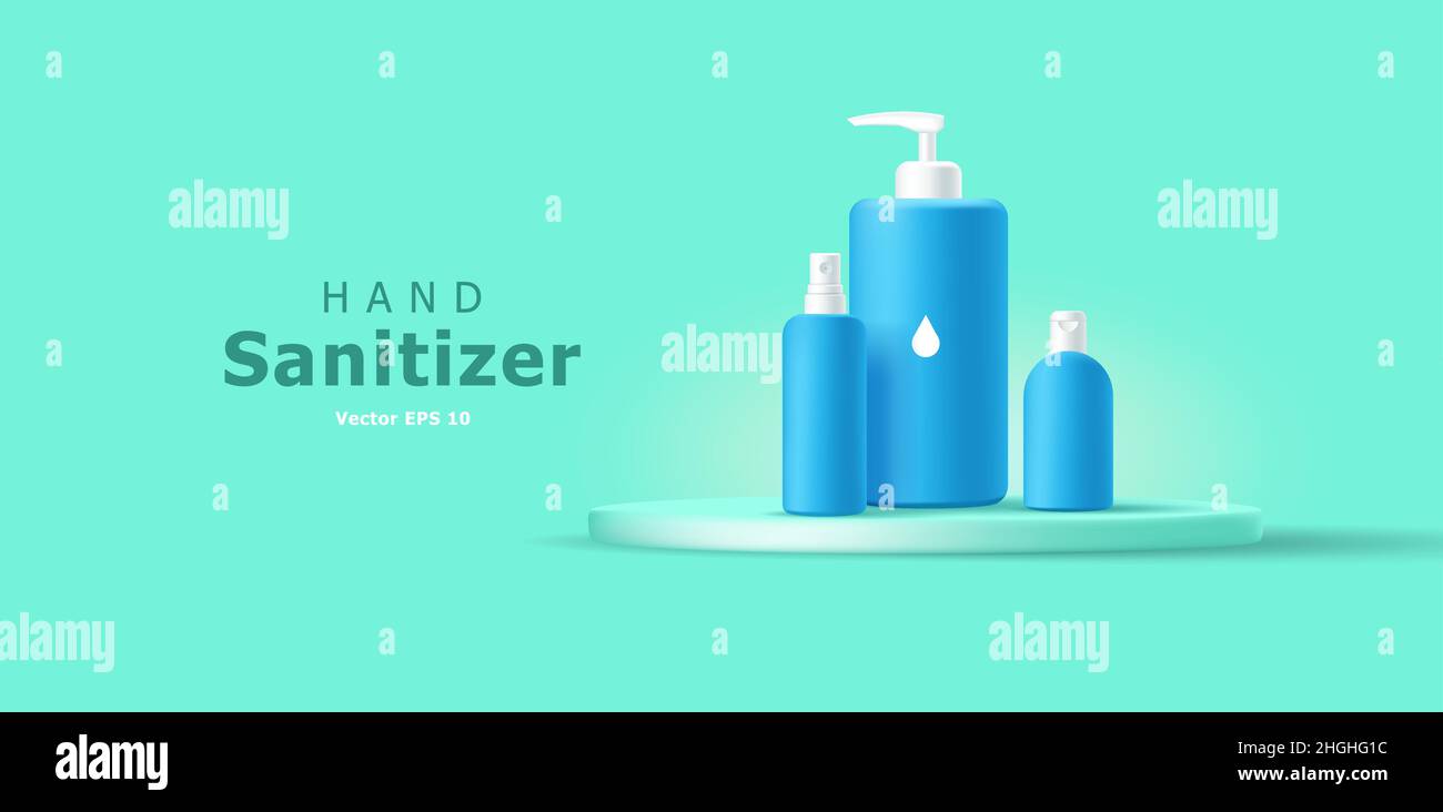 Savon pour les mains désinfectant antiseptique bouteilles de couleur bleue sur podium, modèle de publicité pour assainisseur Illustration de Vecteur