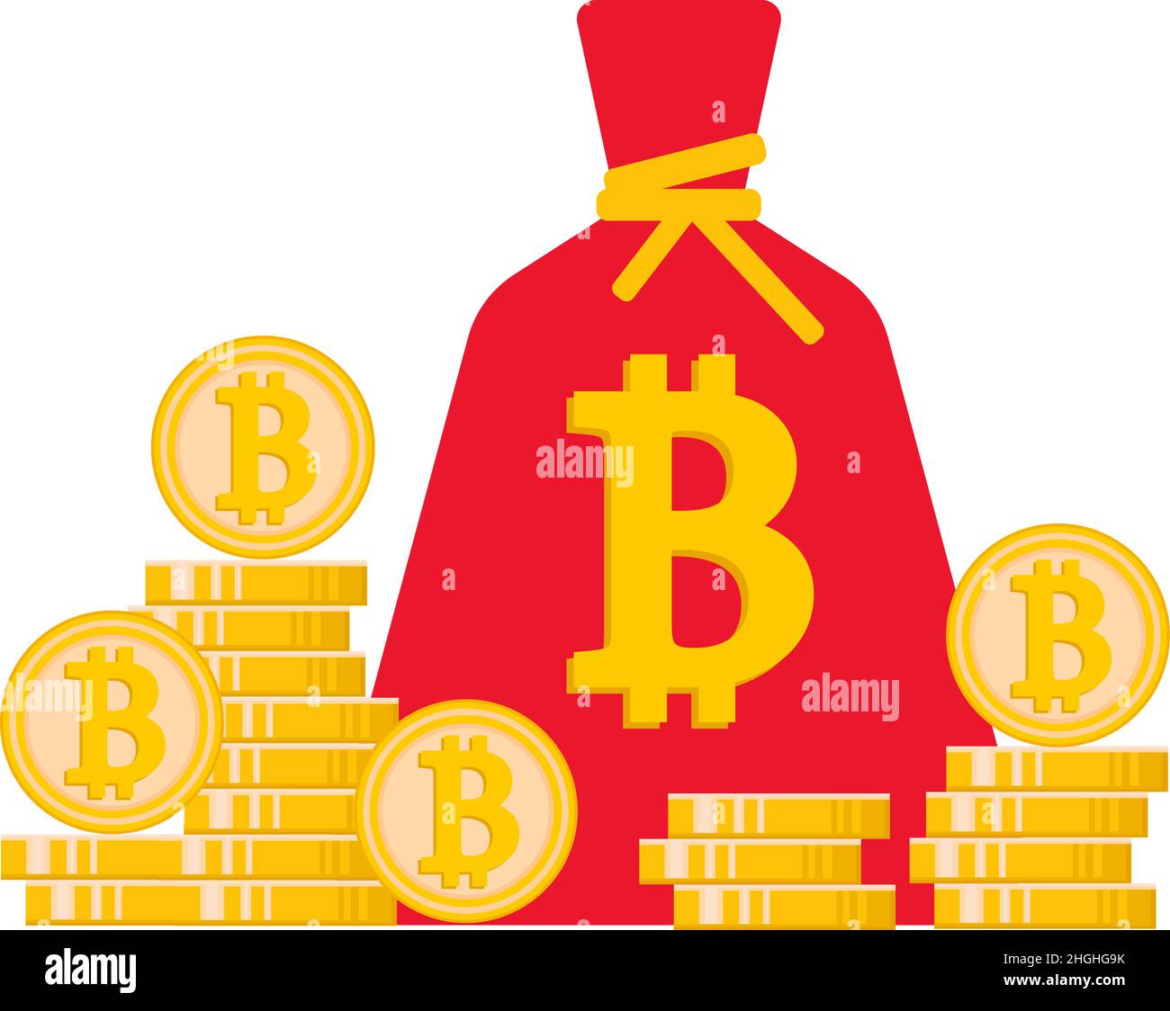 Les bitcoins sont pliés et emballés dans un sac rouge.Une montagne de bitcoins, de pièces.Crypto-monnaie. Illustration de Vecteur