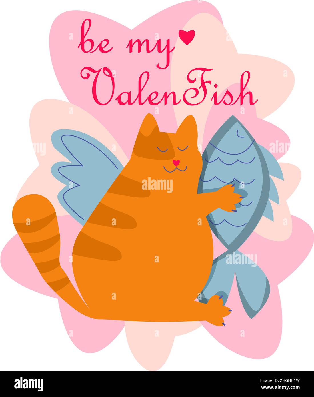 Carte de vœux amusante Saint Valentin avec chat tenant le coeur de poisson et la typographie Illustration de Vecteur