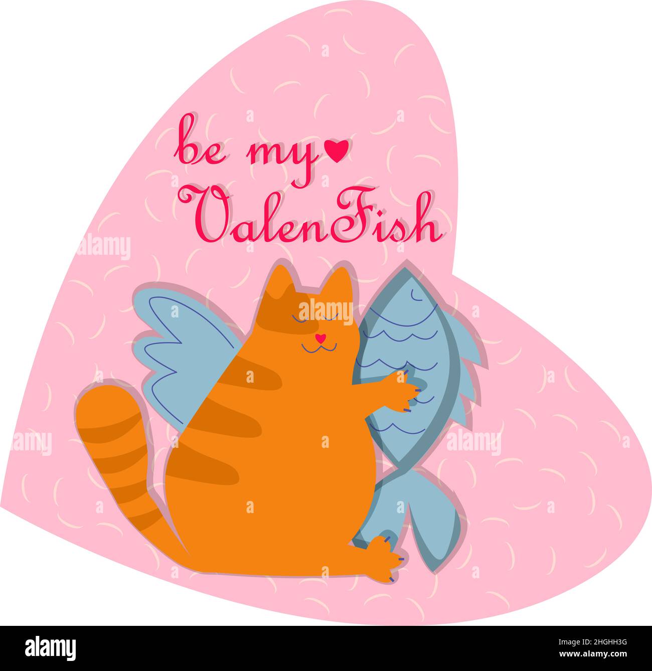Carte de vœux amusante de Saint Valentin avec chat tenant le coeur de poisson et le lettrage Illustration de Vecteur