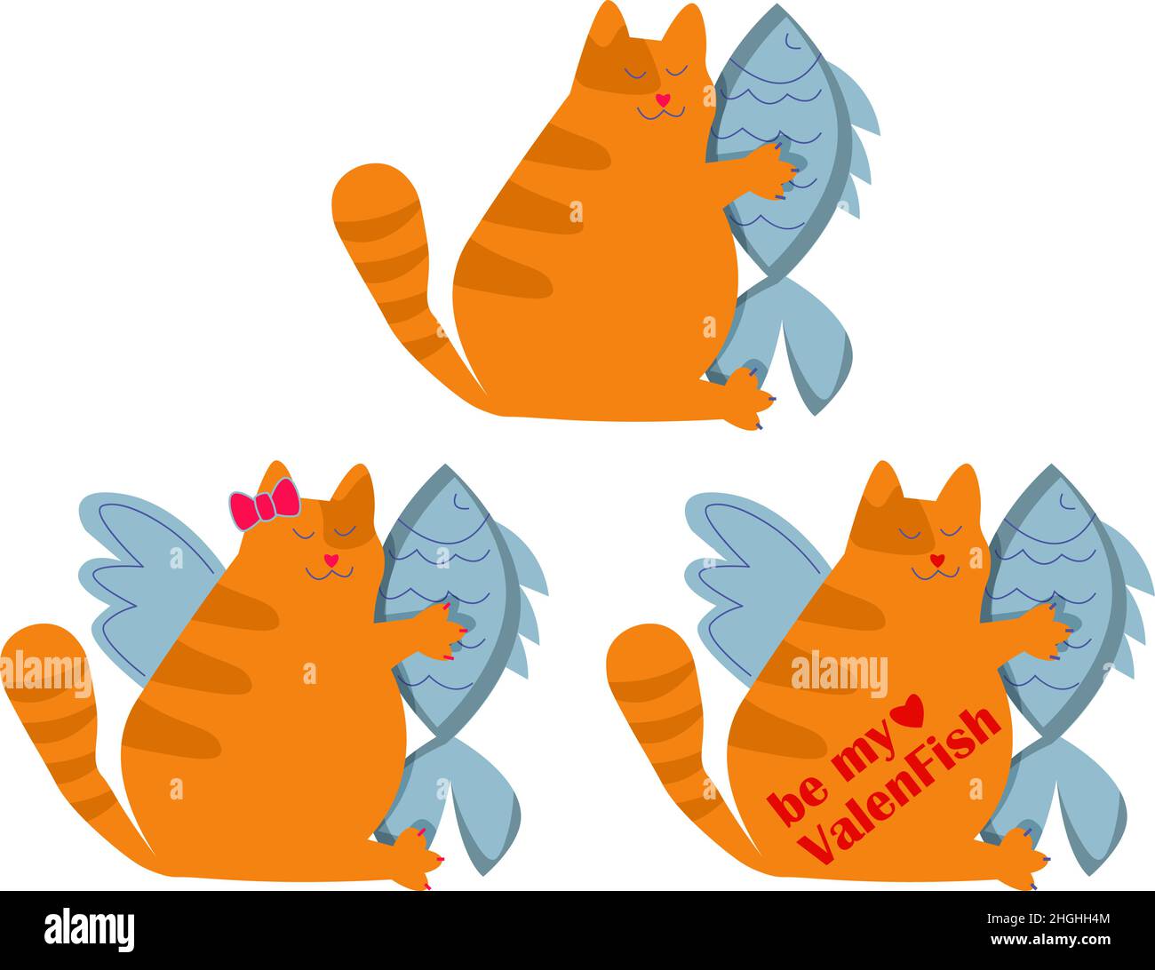 Ensemble de cartes de vœux amusantes pour la Saint-Valentin avec gros chat tenant le coeur de poisson et la typographie Illustration de Vecteur