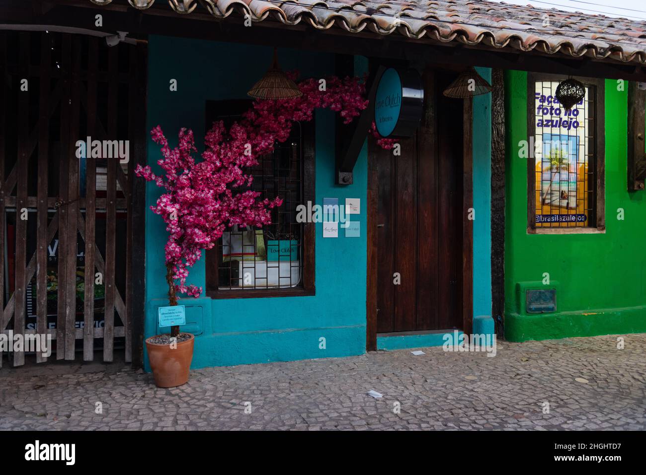 Extérieur de bâtiment coloré avec murs vert et sarcelle, fleurs roses, portes en bois et détails.Architecture brésilienne à Beco das Garrafas, Prado, Bahia, Banque D'Images