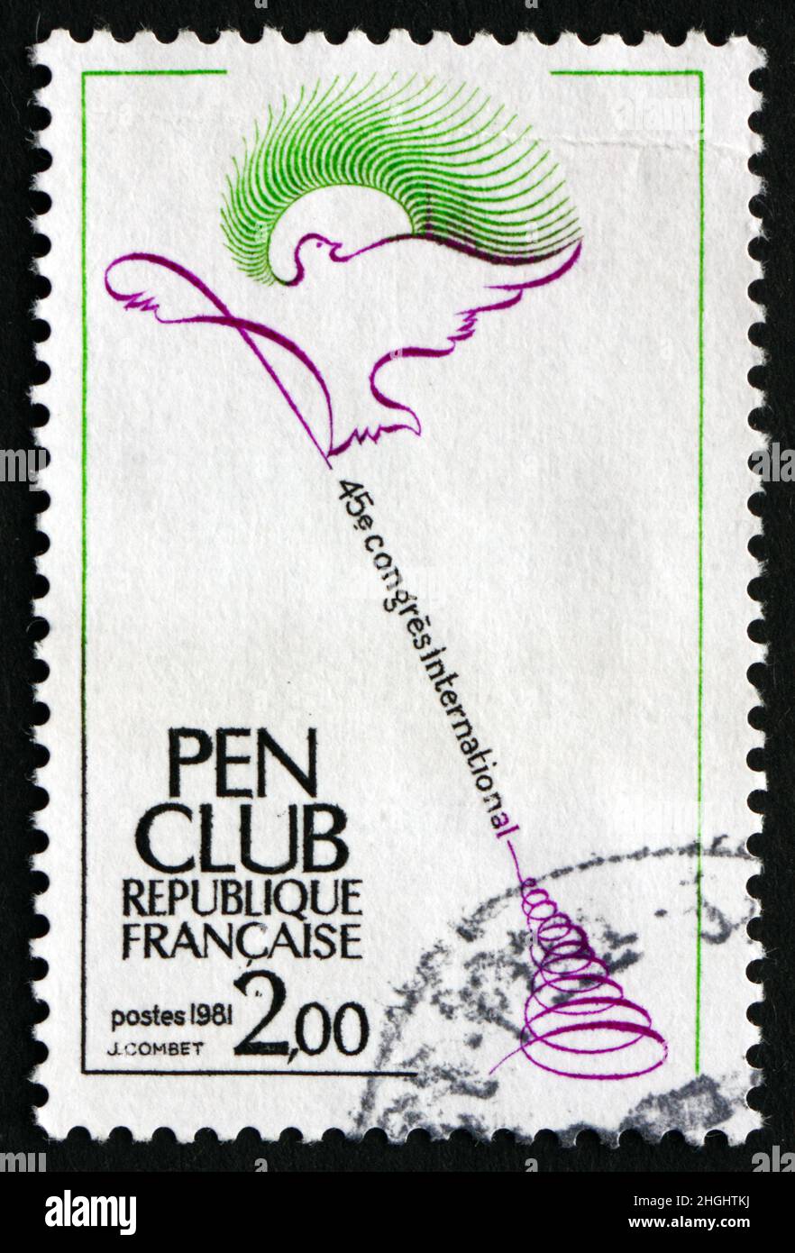 FRANCE - VERS 1981 : un timbre imprimé en France montre Bird et Sun, 45th Congrès International Pen Club, vers 1981 Banque D'Images