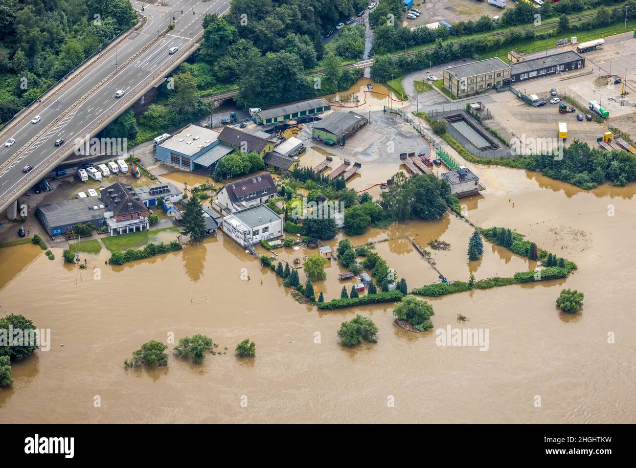 , photographie aérienne, inondation de Ruhr, inondation, Stiepel,Bochum, région de la Ruhr, Rhénanie-du-Nord-Westphalie, GermanyLuftbild, Ruhrhochwasser,Überschwemmung, Stiep Banque D'Images