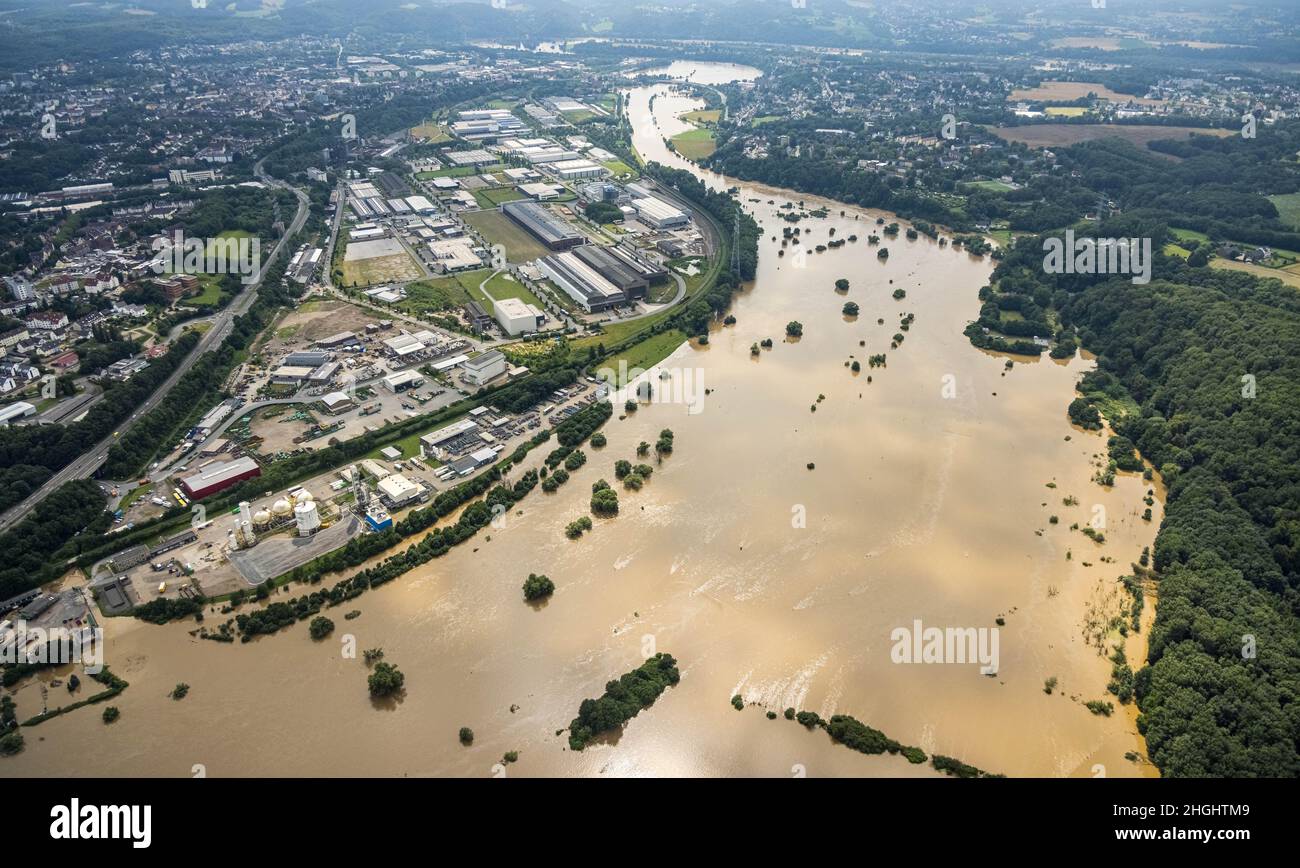 , photographie aérienne, inondation de Ruhr, inondation, Stiepel,Bochum, région de la Ruhr, Rhénanie-du-Nord-Westphalie, GermanyLuftbild, Ruhrhochwasser,Überschwemmung, Stiep Banque D'Images