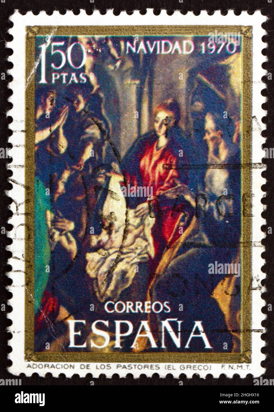 ESPAGNE - VERS 1970: Un timbre imprimé en Espagne montre l'adoration des bergers, par El Greco, peinture, Noël, vers 1970 Banque D'Images