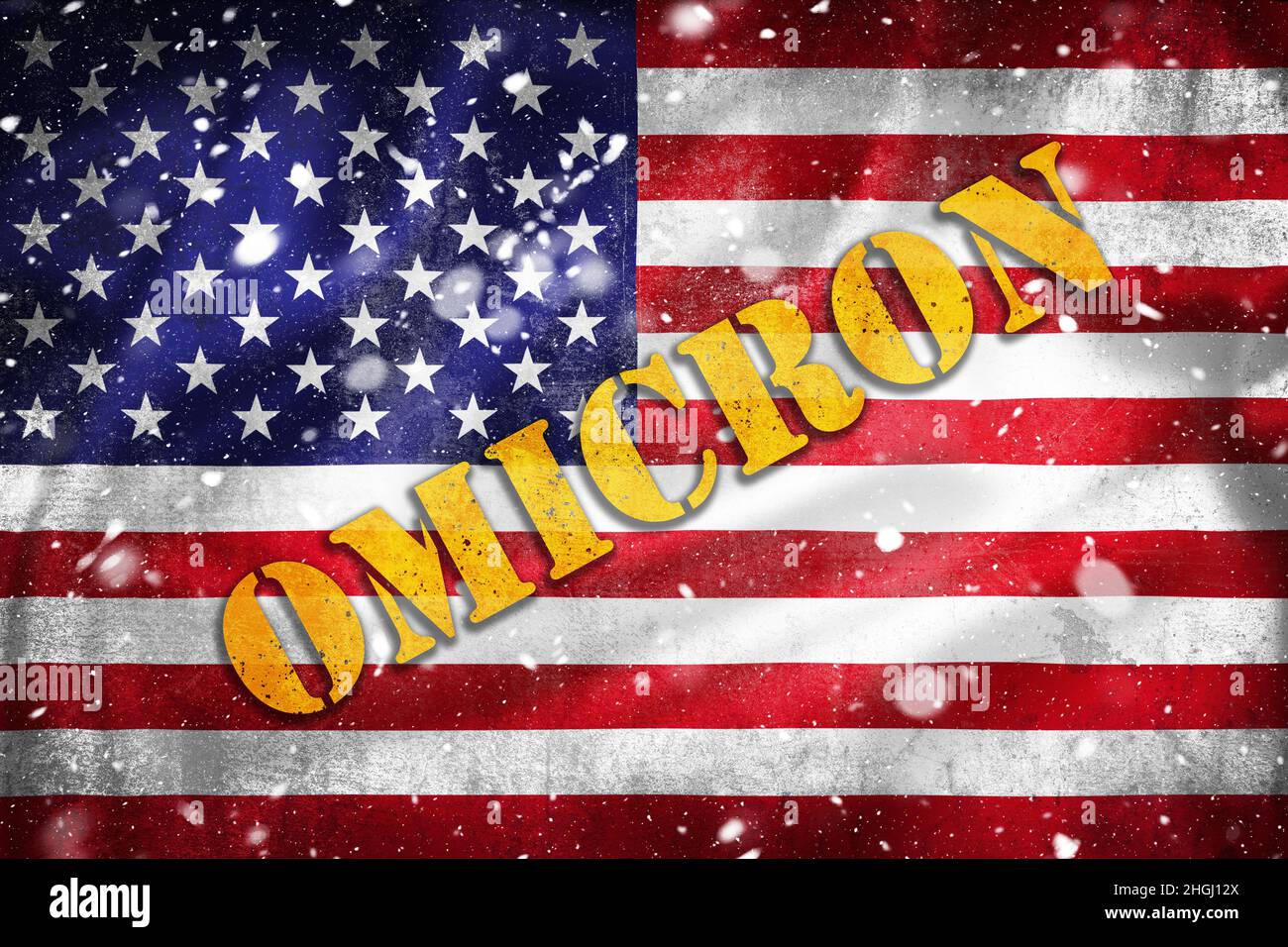 Etats-Unis d'Amérique drapeau grunge avec texte Omicron et surmatelas de neige.Illustration de la pandémie Covid-19 aux États-Unis. Banque D'Images
