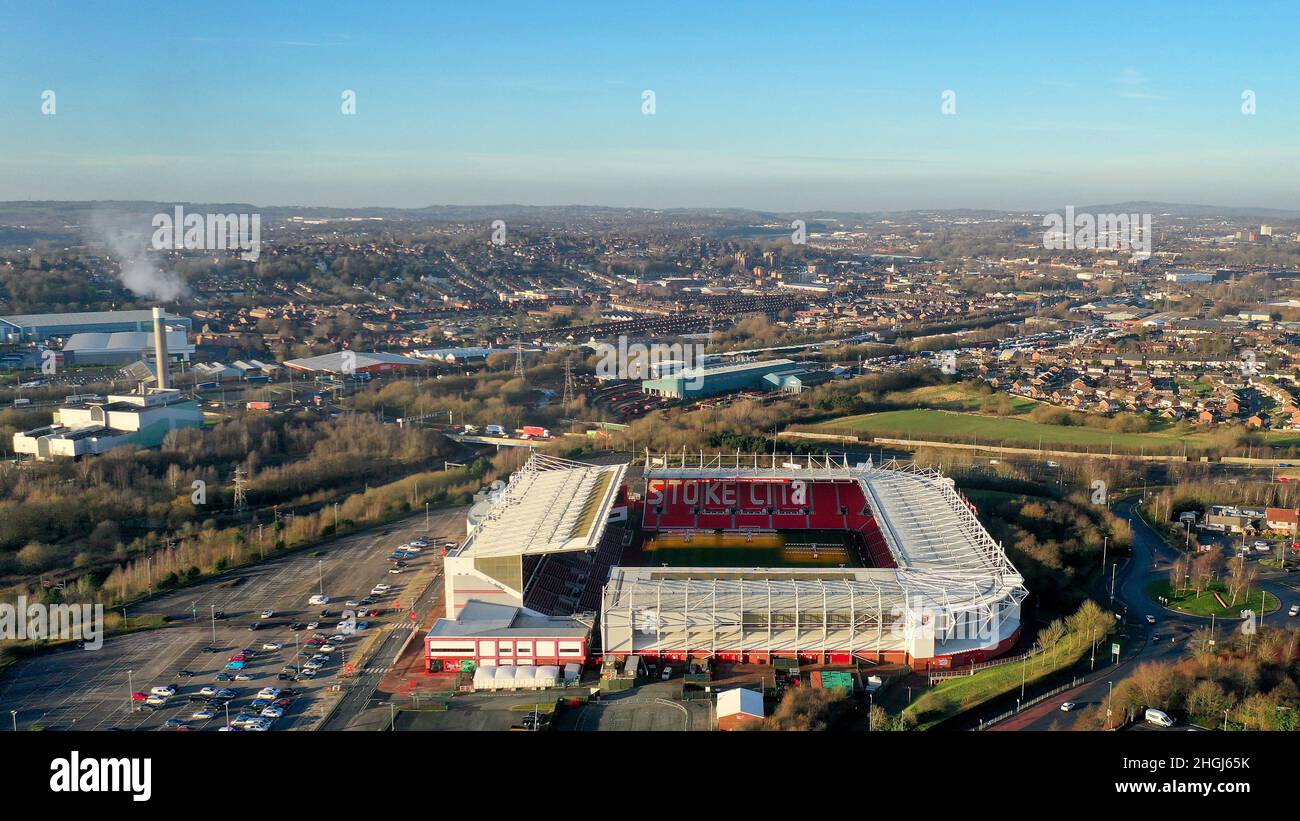 Vue aérienne du Britannia Stadium, Stoke City football Club, Stoke on Trent, Royaume-Uni Banque D'Images