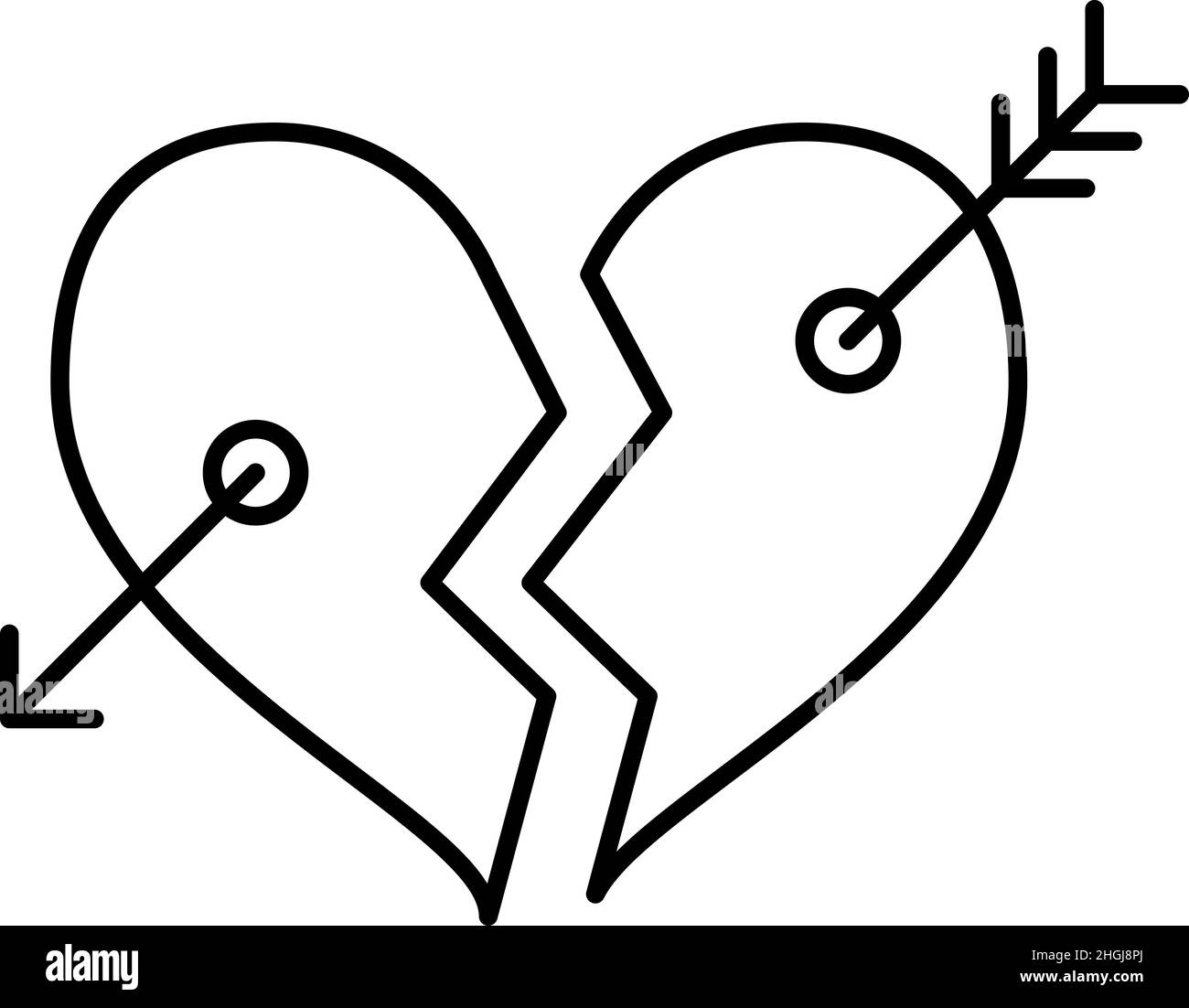 Cœur brisé avec symbole de contour de la flèche de l'arc Illustration de Vecteur