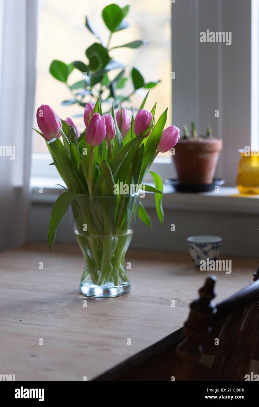 Tulipes dans un vase sur une table en bois devant la fenêtre Banque D'Images