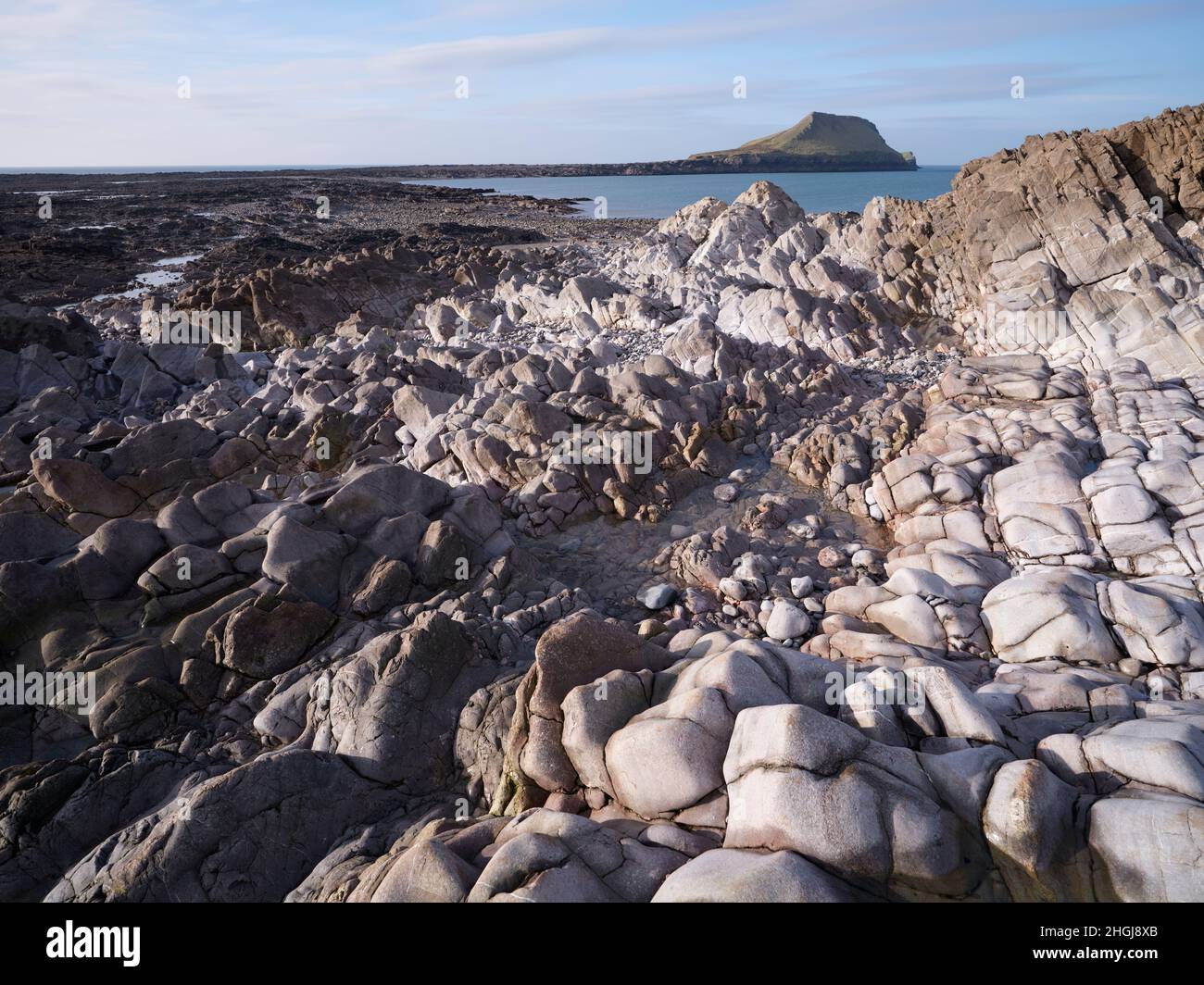 Tête de ver sur la péninsule de Gower, Swansea, pays de Galles, prise de la chaussée en hiver. Banque D'Images