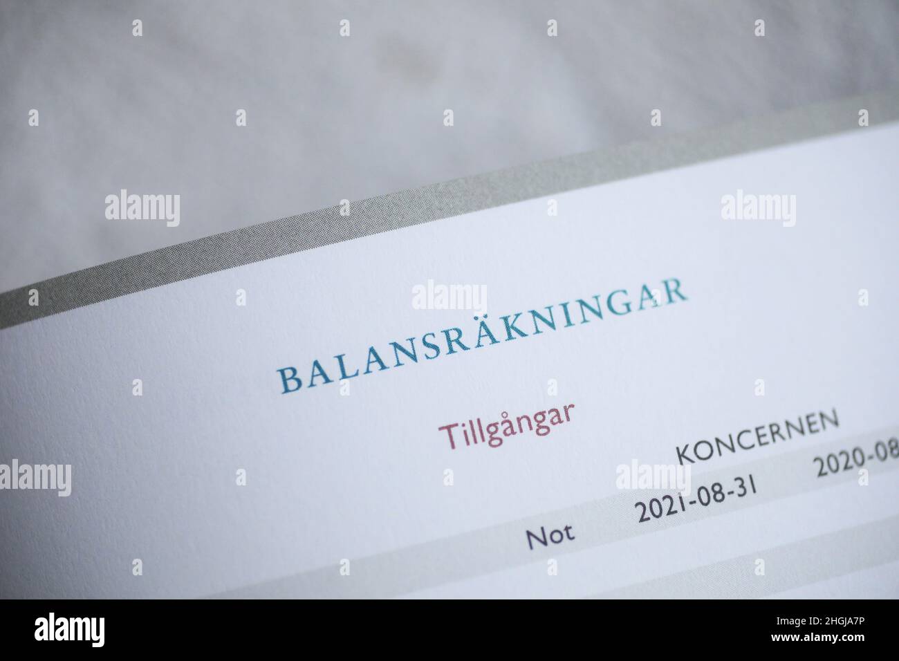 Rapport annuel de la société d'investissement Svolder.Texte sur Balansräkningar (en anglais: Bilan). Banque D'Images