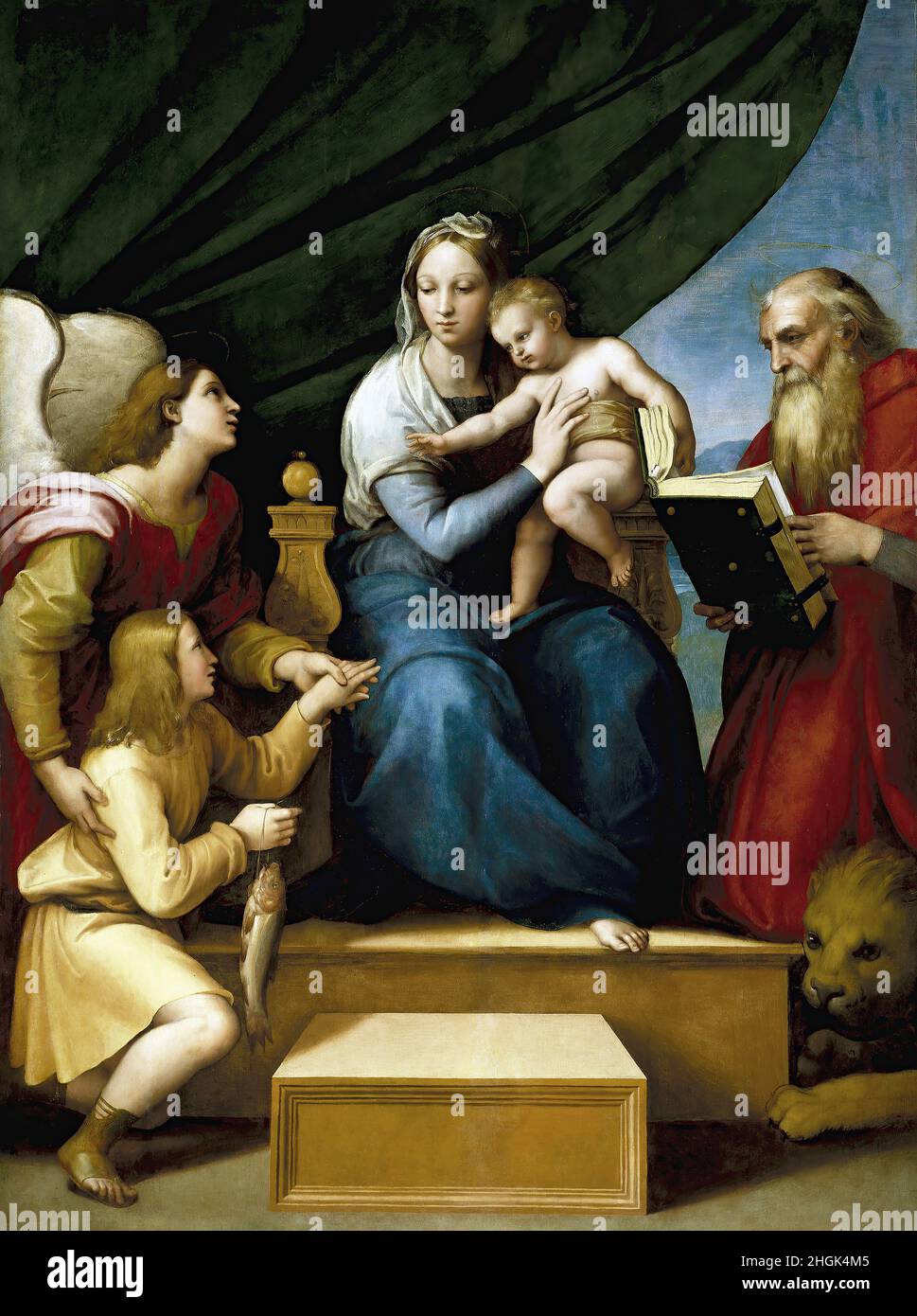 Sagrada Familia con Rafael, Tobías y San Jerónimo - 1513 14 - huile sur bois 215 x 158 cm - Sanzio Raffaello Banque D'Images