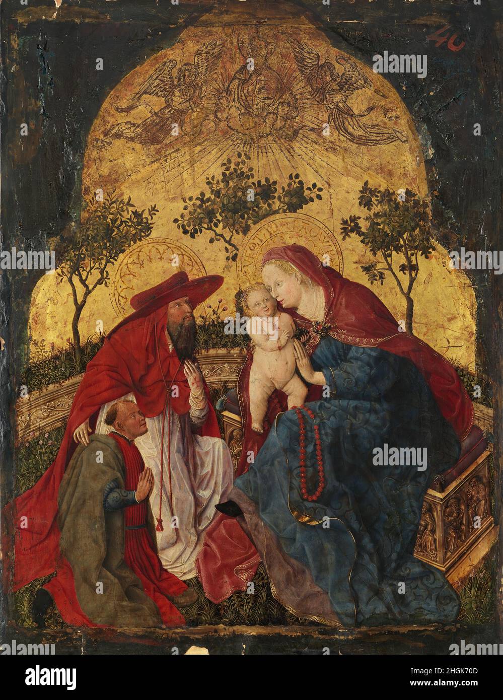 Maître des panneaux bavarois de Munich - New York - Metropolitan - Virgin and Child avec un donateur présenté par Saint Jérôme (1450c.)(olio e oro su tavola di pioppo 63,5 x 48,3 cm) Banque D'Images