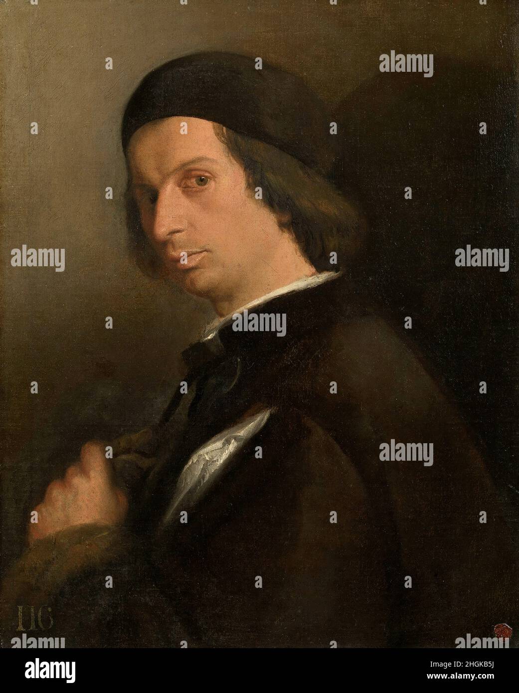 Portrait d'un homme tenant un gant - 1520 25 - huile sur toile 58,8 x 47,7 cm - Lotto Lorenzo Banque D'Images