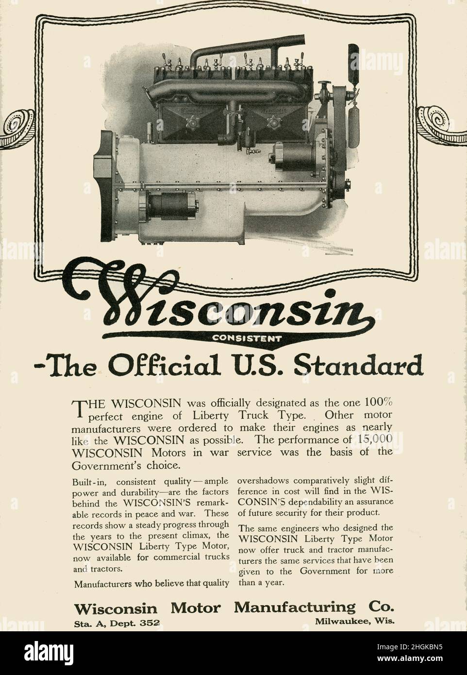 Wisconsin - The Official U.S. Standard - Publicité pour Wisconsin Motor Manufacturing Company, vers 1920 Banque D'Images