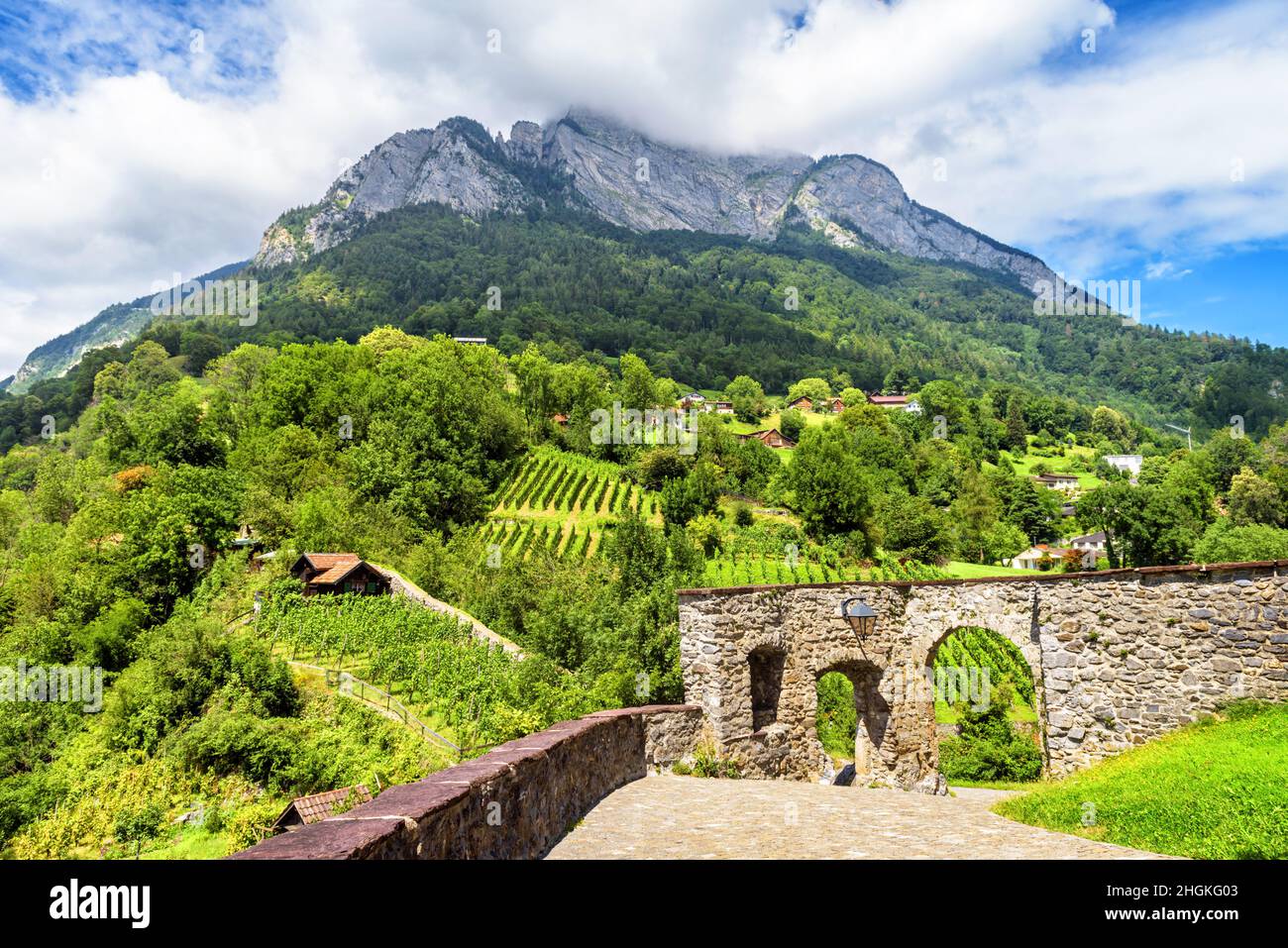 Paysage avec montagnes alpines et village, Suisse.Paysage de vieilles maisons en campagne, vue panoramique sur le sommet nuageux du mont et le terrain rural.Con Banque D'Images