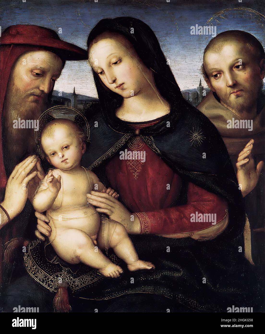 Madonna col Bambino tra i santi Girolamo e Francesco - huile sur bois 34 × 29 cm - mwxSanzio Raffaello Banque D'Images