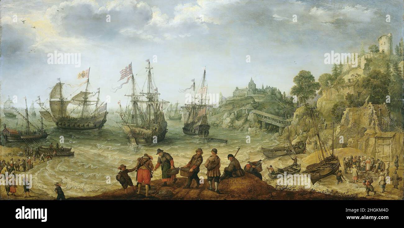 Navi in ​​una costa rocciosa - 1621 - huile sur bois 62,5 x 122,1 cm - Willaerts Adam Banque D'Images