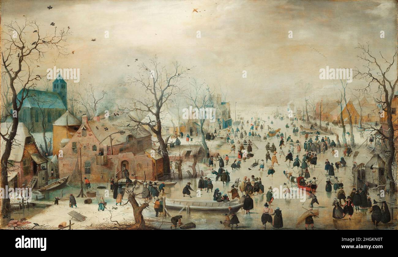 Paysage d'hiver avec patineurs sur glace - 1608c.- huile sur bois 77,3 x 131,9 cm - Avercamp Hendrick Banque D'Images