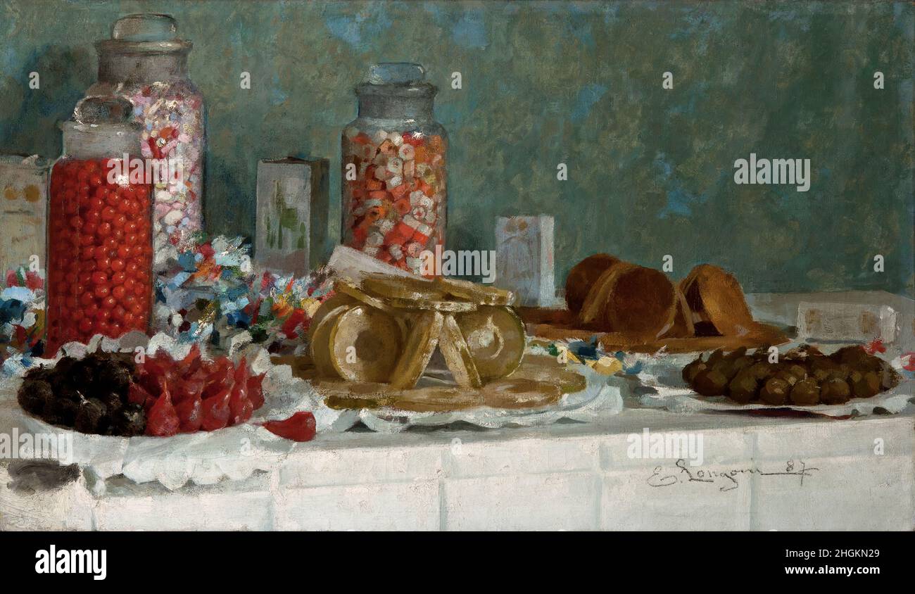 Longoni Emilio - Tortona - il Diismo, Pinacoteca Cassa di Risparmio di Tortona - Natura morta con frutta candita e caramelle, studio dal vero (1887) (olio su tela 63,9 x 110,8 cm) Banque D'Images