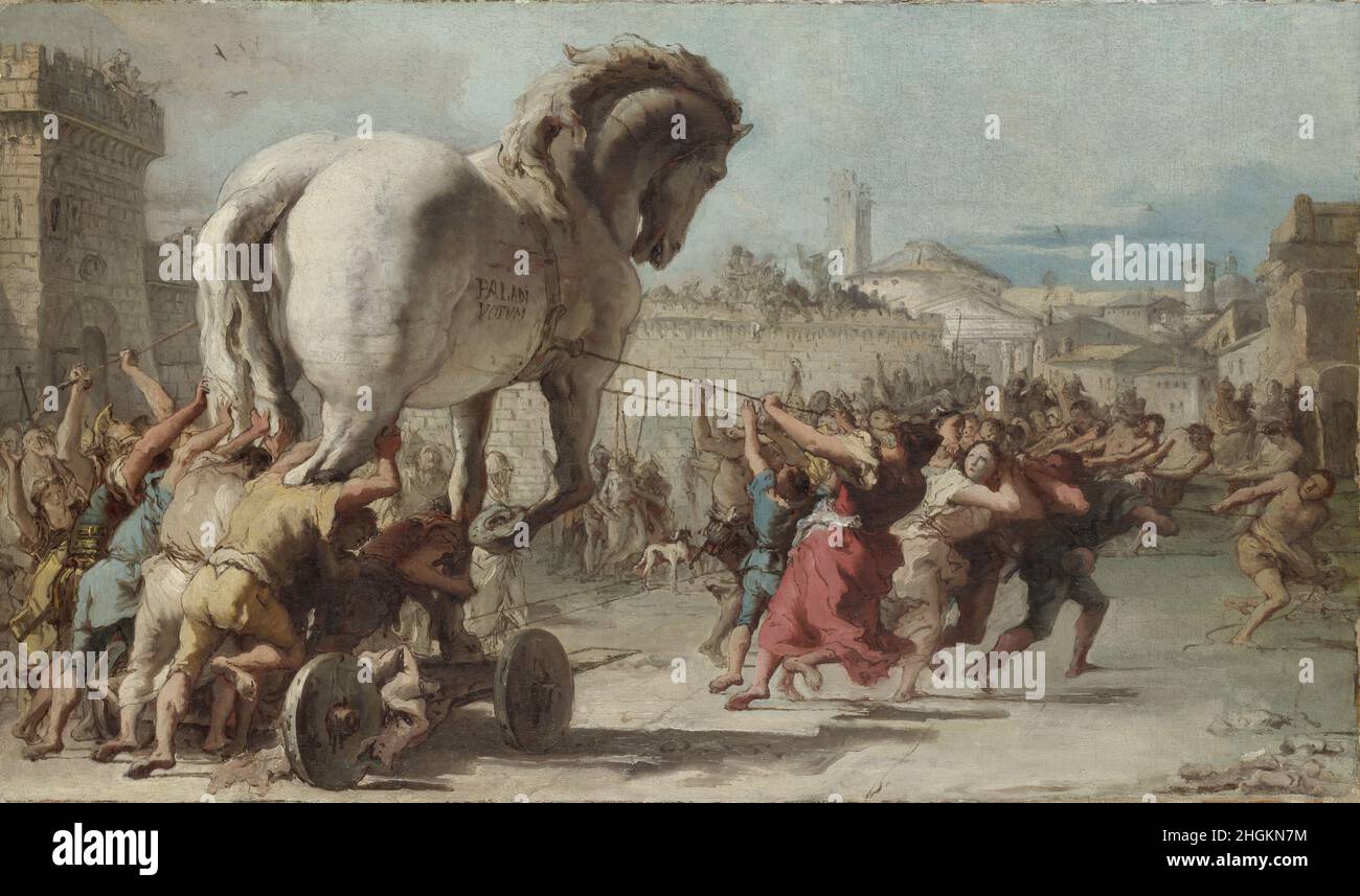 La procession du cheval de Troie dans Troie - 1760c.- huile sur toile 38,8 x 66,7 cm - Tiepolo Giandomenico Banque D'Images