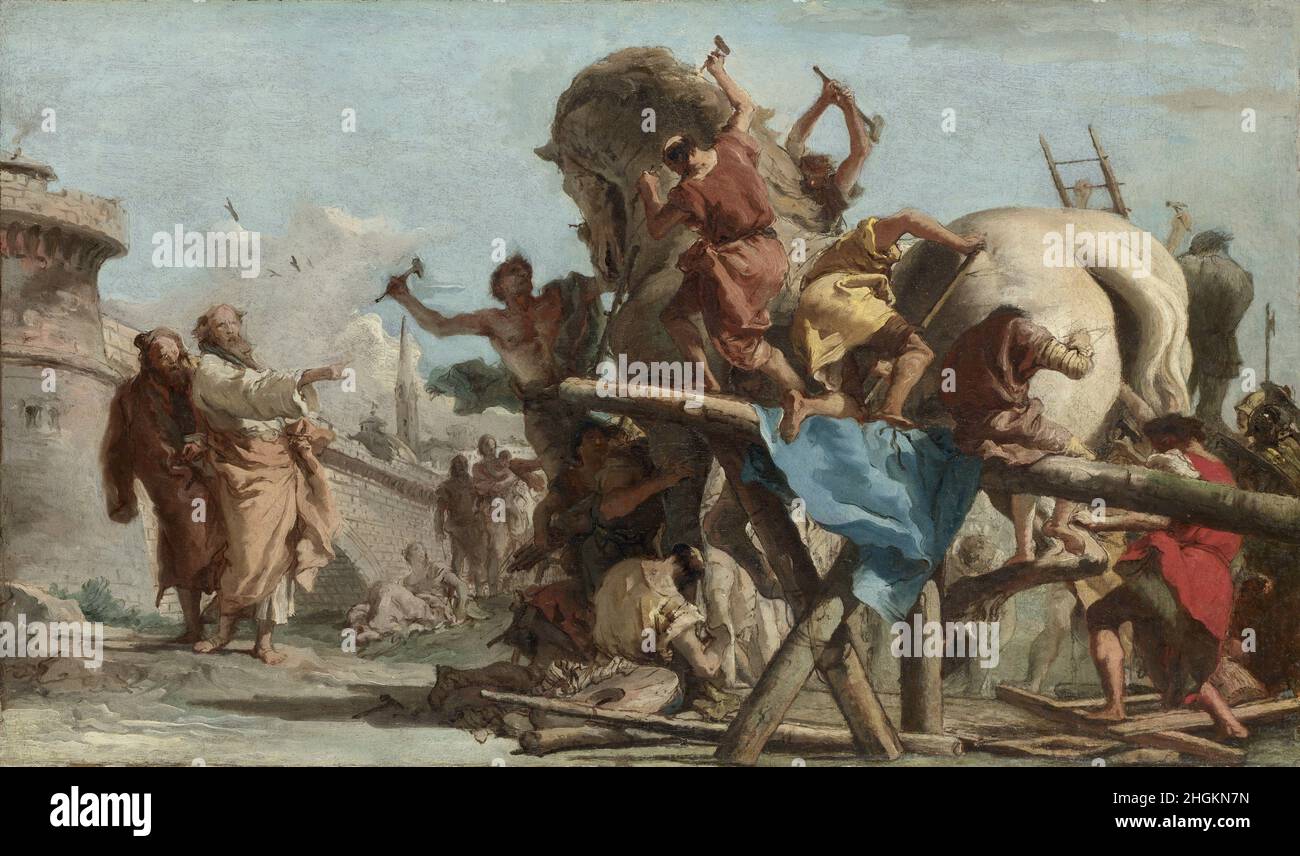 Le bâtiment du cheval de Troie - 1760c.- huile sur toile 38,8 x 66,7 cm - Tiepolo Giandomenico Banque D'Images
