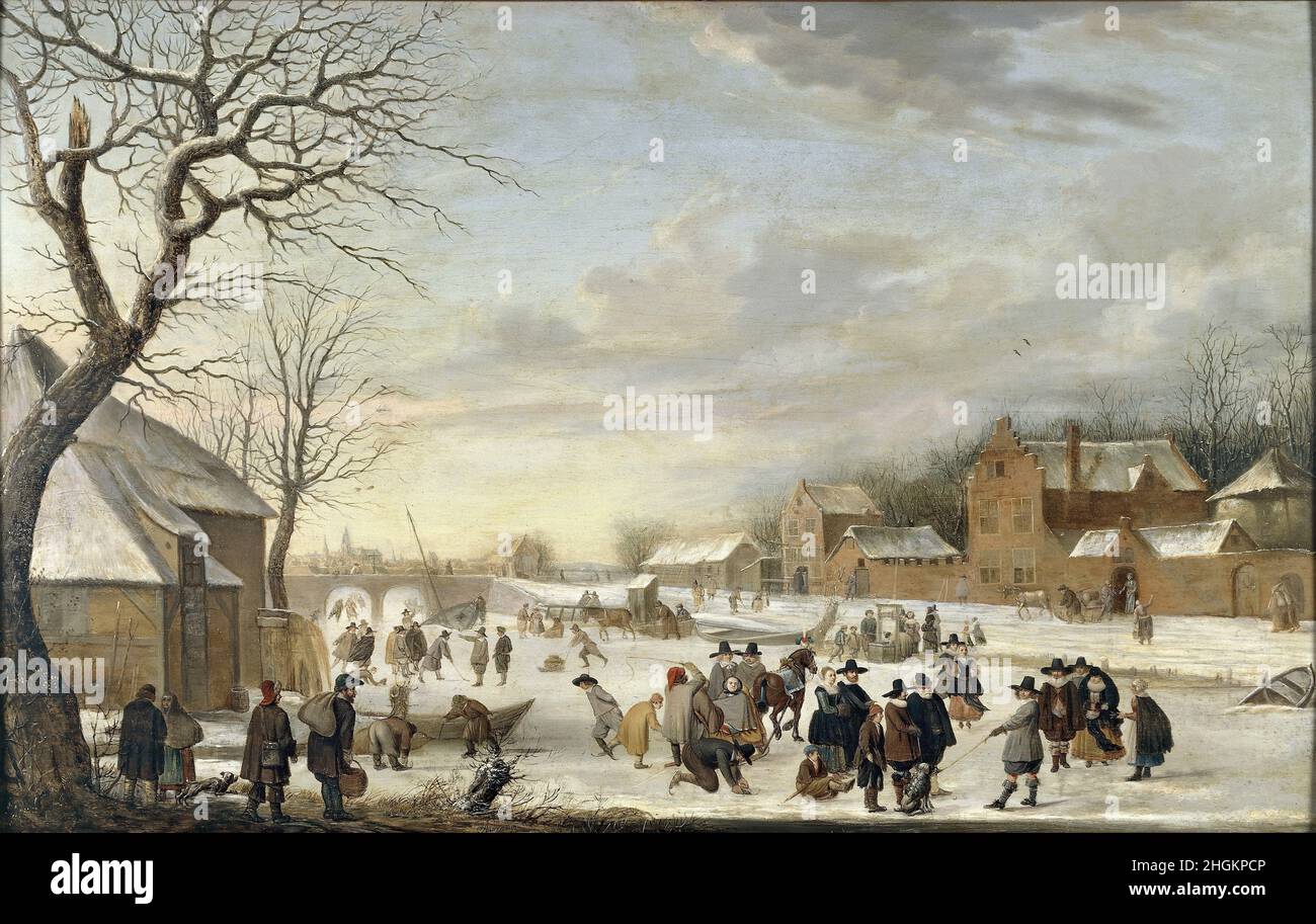 Paesaggio invernale con pattinatori - 1634c.- huile sur bois 48 x 74,5 cm - Avercamp Hendrick Banque D'Images