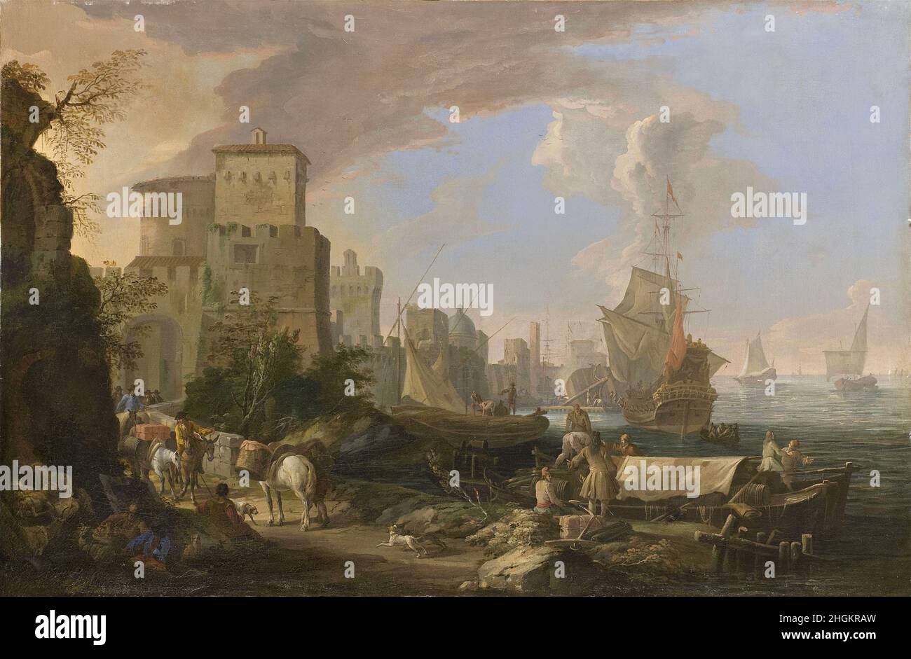 Capriccio avec des scènes de vie dans un port maritime - 1710 15 - huile sur toile 131 x 87 cm - Carlevarijs Luca Banque D'Images
