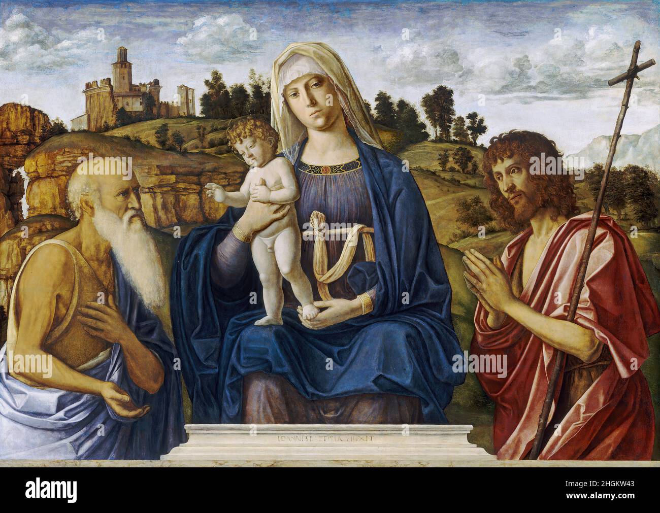 Madonna col Bambino tra i santi Girolamo e Giovanni Battista - huile sur bois 102 × 144 cm - mwxDa Conegliano Cima Banque D'Images
