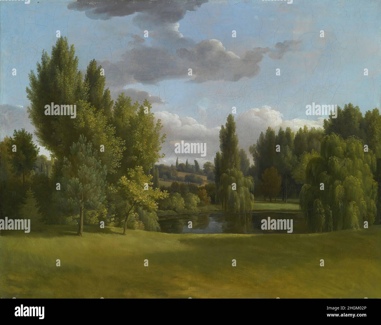 Bidauld Jean-Joseph-Xavier - Collezione Privata - Paysage avec des arbres entourant un petit étang et des nuages au-dessus- date inconnue - huile sur toile 32,5 x 40,7 cm - Banque D'Images