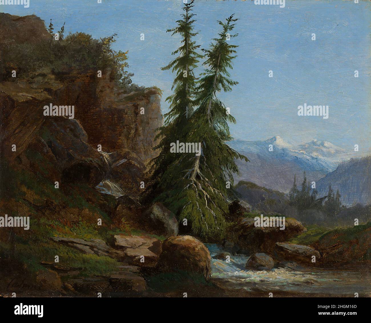 Paysage de montagne, Valais, Suisse - 1838 40 - huile sur cartone 22,2 x 27,6 cm - Calame Alexandre Banque D'Images