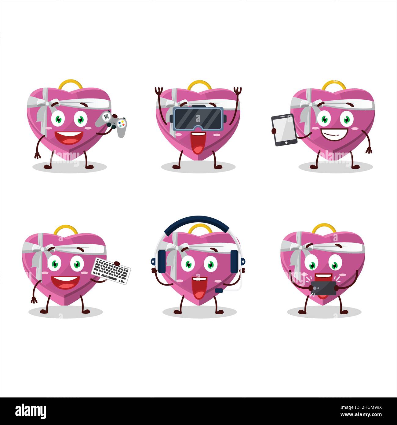 Pink Love boîte cadeau personnage de dessin animé jouent à des jeux avec divers émoticônes mignons.Illustration vectorielle Illustration de Vecteur