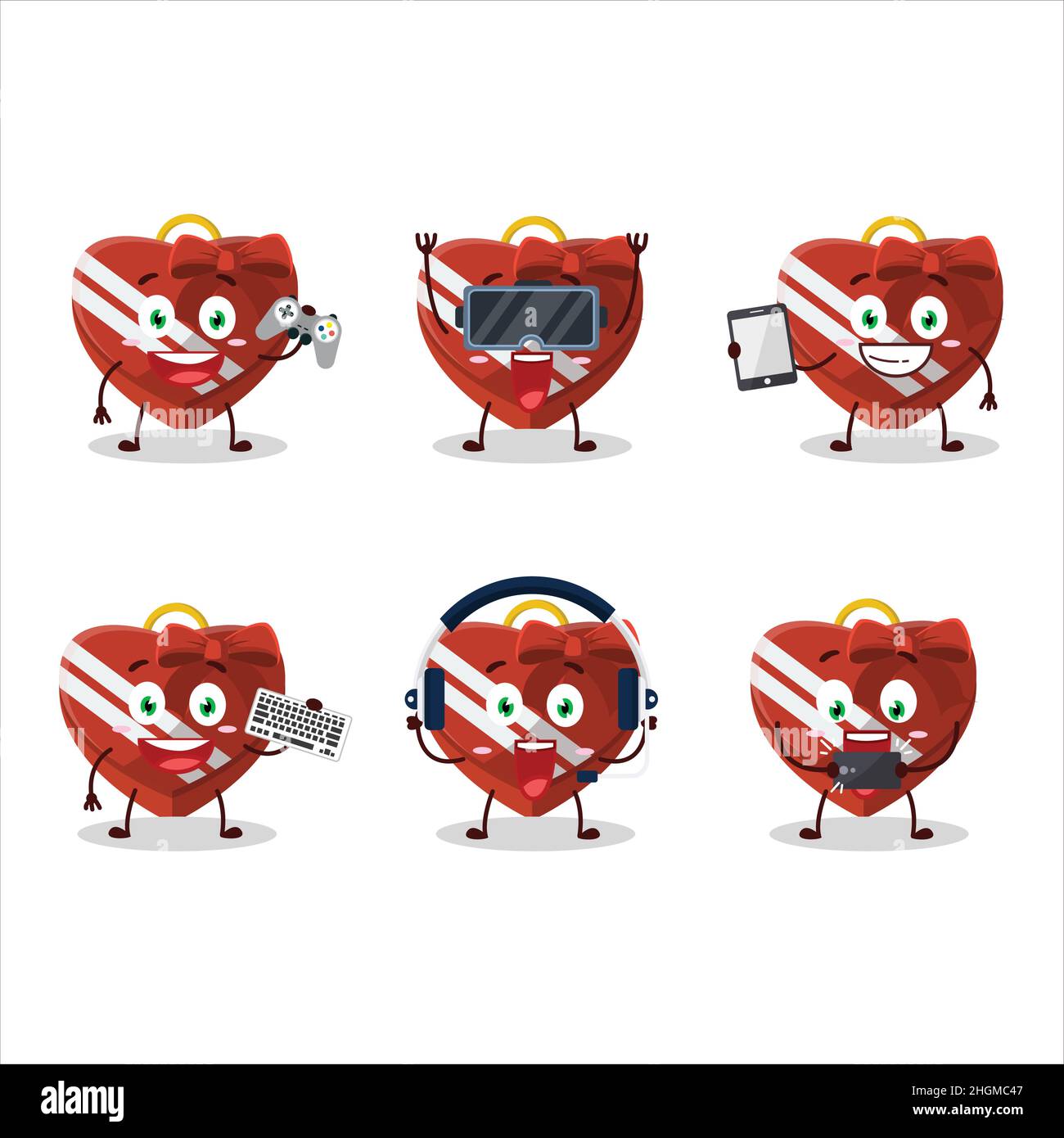 Rouge amour boîte cadeau personnage de dessin animé jouent à des jeux avec divers émoticônes mignons.Illustration vectorielle Illustration de Vecteur
