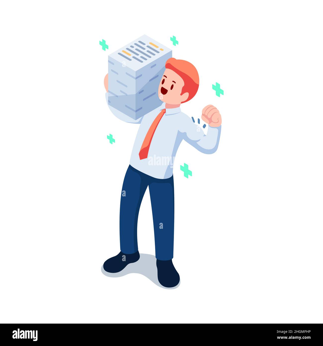Plat 3D Isométrique heureux homme d'affaires en bonne santé portant pile de document sur son épaule.Concept efficace et efficace au travail. Illustration de Vecteur