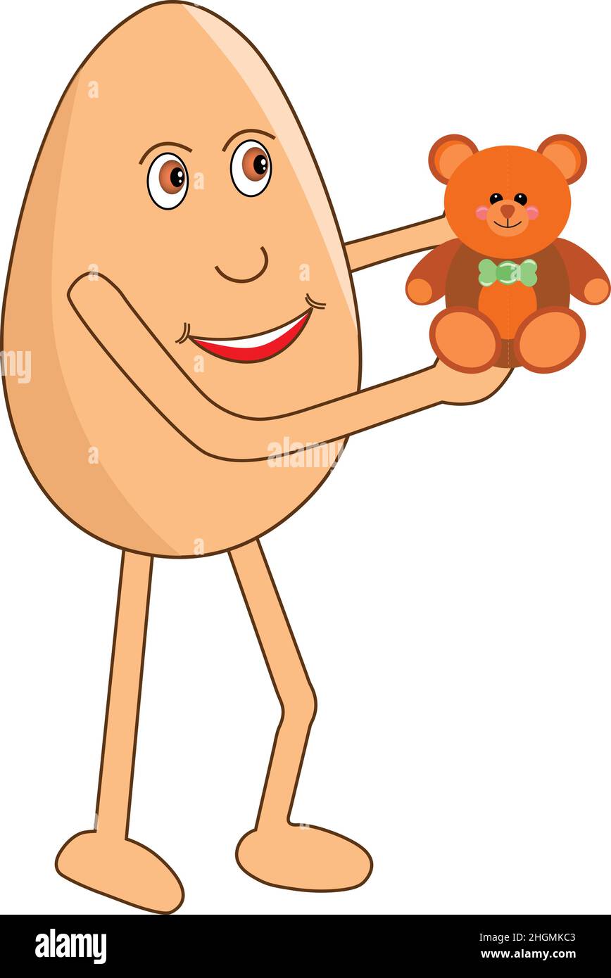 Joyeux dessin animé de l'oeuf avec un adorable teddy dans sa main le jour de la teddy.Illustration vectorielle. Illustration de Vecteur