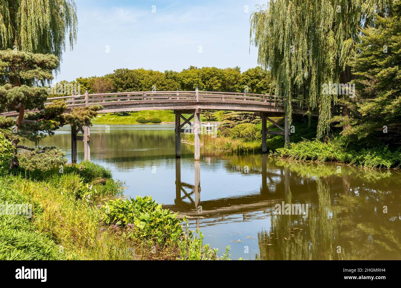 Pont de l'île japonaise dans le jardin botanique de Chicago, Glencoe, États-Unis Banque D'Images