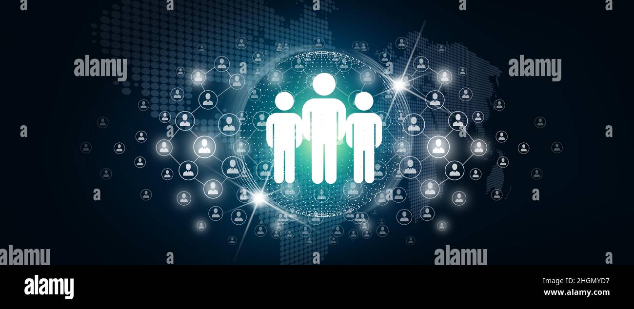 Personnes connectées, connexion réseau, communauté réseau, ressource communautaire, concept de service de réseau social (SNS). Mise en réseau de la structure mondiale. Banque D'Images