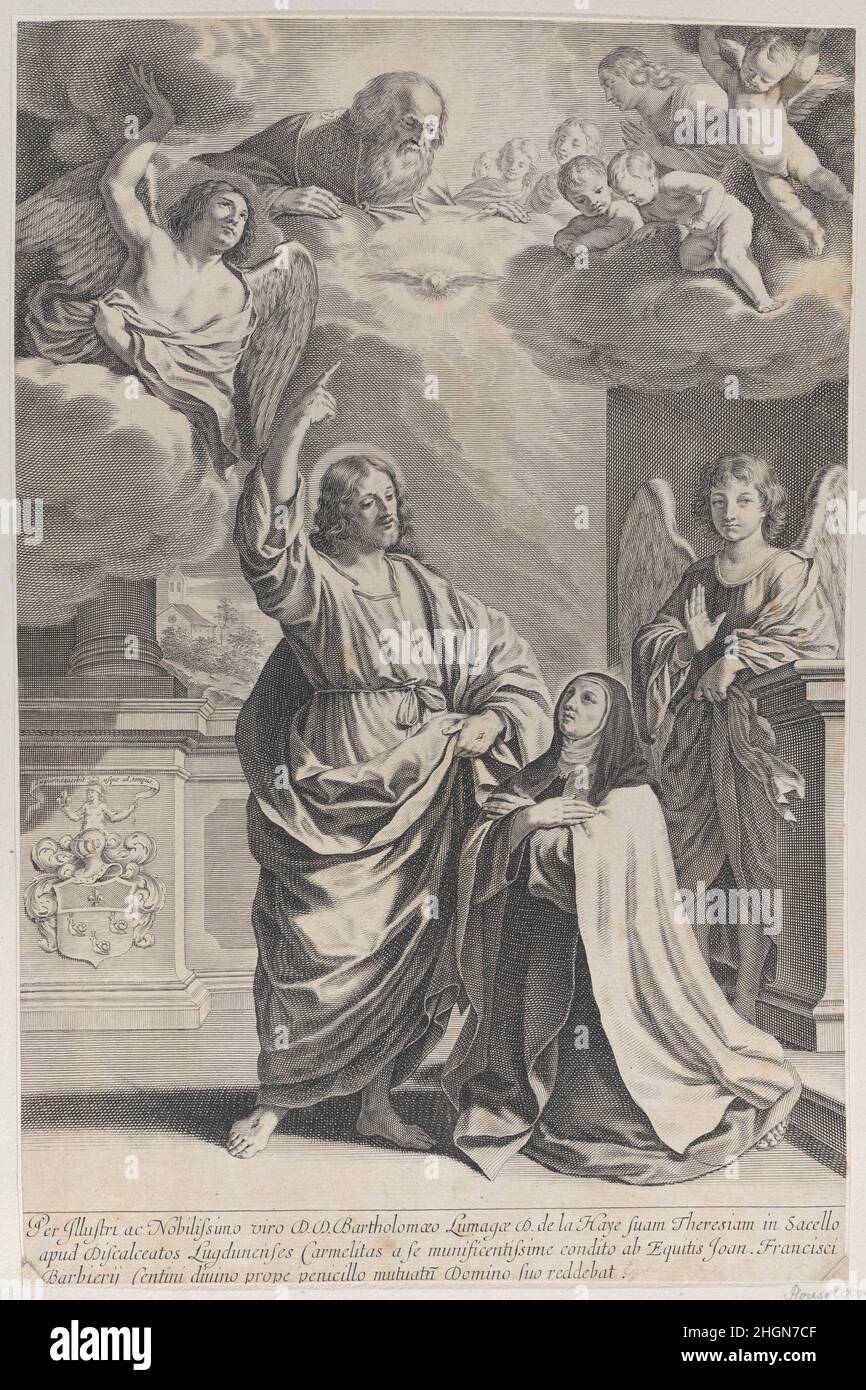 Sainte-Thérèse priant aux côtés du Christ, qui pointe vers le haut vers Dieu le Père et le Saint-Esprit 1635–1700 Gilles Rousselet.Sainte-Thérèse priant aux côtés du Christ, qui pointe vers le haut vers Dieu le Père et le Saint-Esprit.Gilles Rousselet (français, Paris 1614–1686 Paris) ?.1635–1700.Gravure.Imprime Banque D'Images